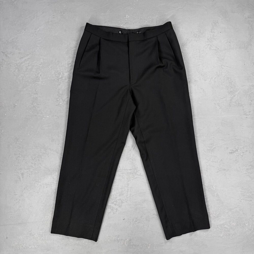 Vintage Versini Black Wool Pleated Tuxedo Pants With Satin Stripe Fit 37 x 29